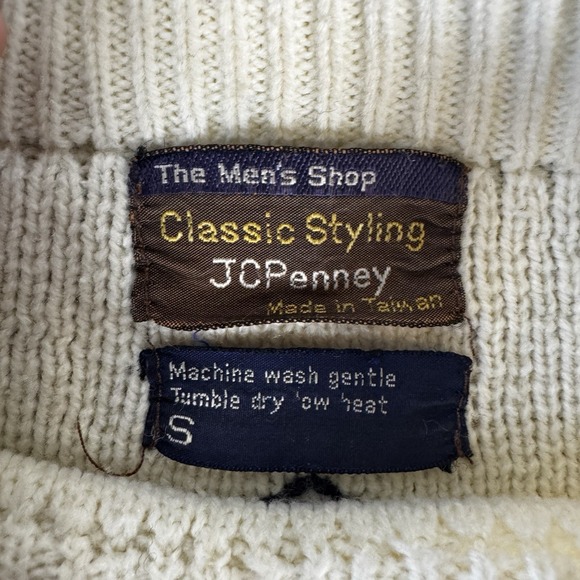 Vintage JCPenney Sweater Mens Small Cream Fair Isle Cable Knit Pullover 80s - Picture 2 of 6